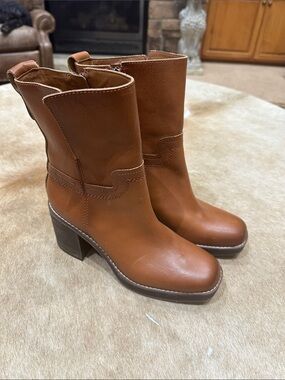 Franco Sarto Brown Leather Mid-Calf Block Heel Boots